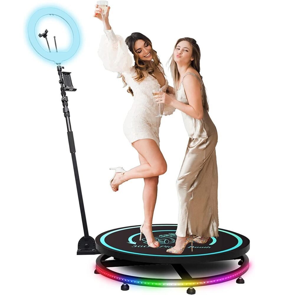 360 camera booth rental in North Dallas with LED lights, backdrop and attendant