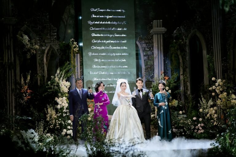Bride and groom with family at a wedding ceremony